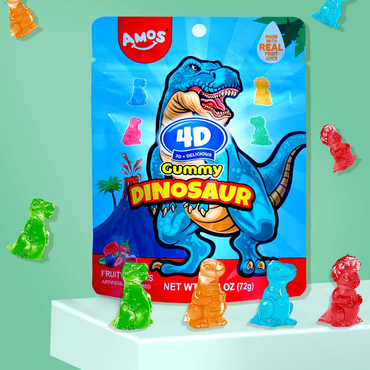 Amos 4D Dinosaur Gummy Candy Dino Treats for Kids Birthday Party Dinosaur Themed Snacks 254oz Resealable Bag Pack of 4