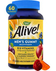 Alive! Men's Gummy Vitamin, Complete Multi-Vitamin Supplement with Orchard Fruits/Garden Veggies Blend of Powder/Juice/Extract, 60 Gummies.