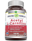 Amazing Formulas Acetyl L-Carnitine Hcl Veggie Dietary Supplement - 500 Mg, Veggie Capsules (Non GMO,Gluten Free) Per Bottle - Promotes Energy Production & Cognitive Function (60 Count)