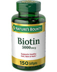 Nature's Bounty Biotin, Vitamin Supplement, Supports Metabolism for Cellular Energy and Healthy Hair, Skin, and Nails, 5000 mcg, 150 Softgels