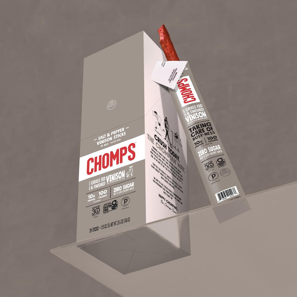 Chomps GrassFed  Finished Salt  Pepper Venison Jerky Meat Snack Sticks 10Pack  Keto Paleo Low Carb Whole30 Approved 10g Lean Meat Protein Gluten Free Zero Sugar Food