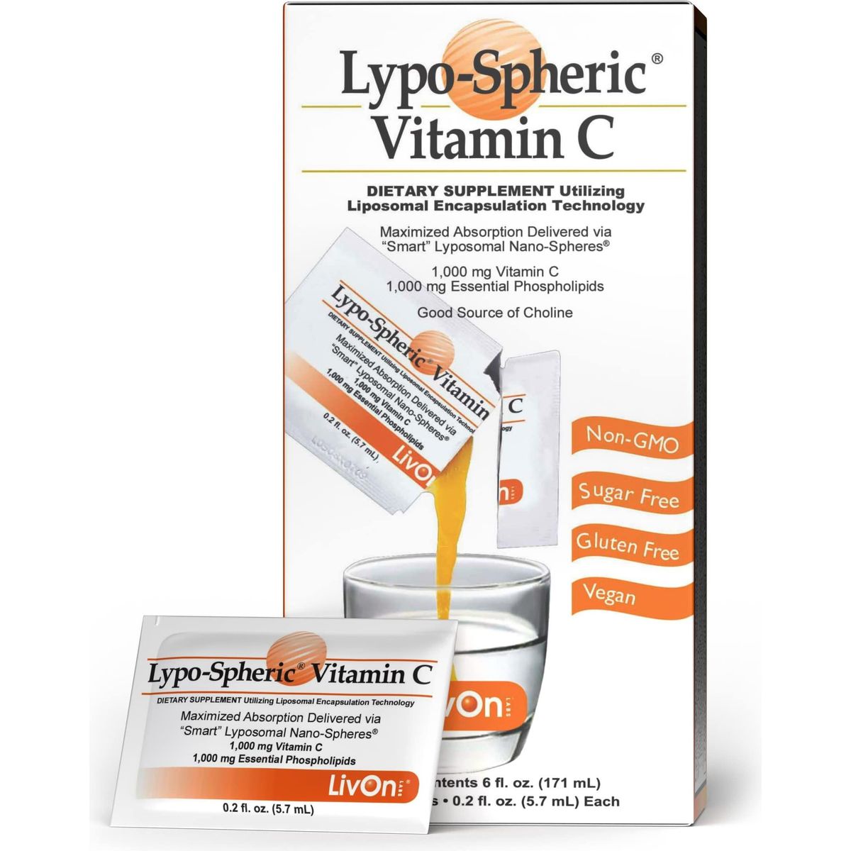 LivOn Laboratories Lypo-Spheric Vitamin C - 30 Packets - 1,000 mg Vitamin C &amp; 1,000 mg Essential Phospholipids Per Packet - Liposome Encapsulated for Improved Absorption - 100% Non-GMO