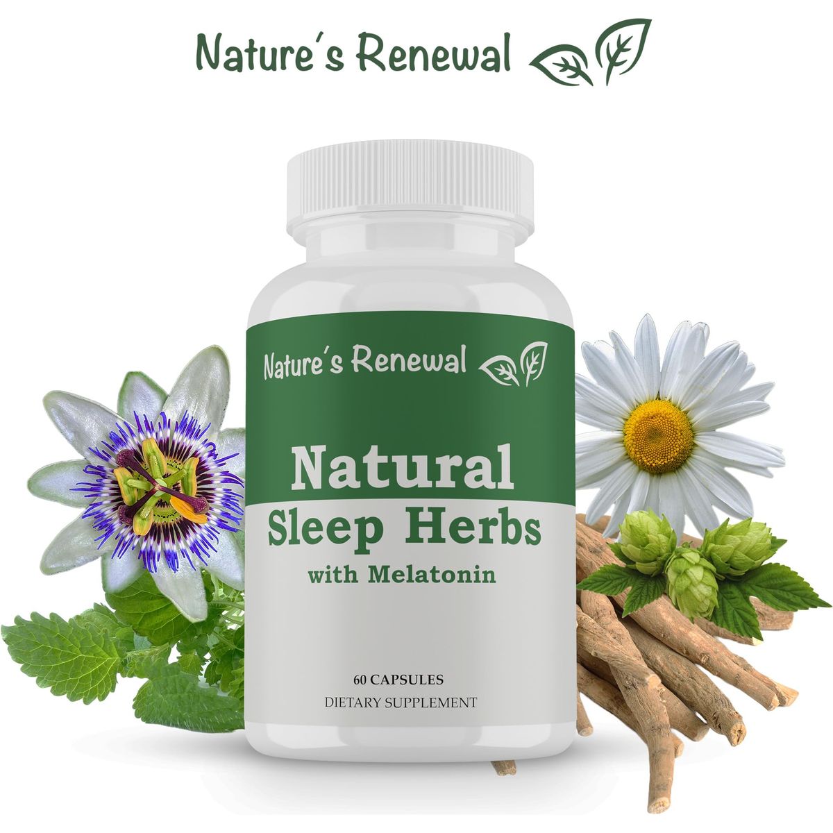 Natures Renewal Natural Sleep Supplement  Melatonin Valerian Root Ashwagandha Magnesium Chamomile Nighttime Homeopathic Herbal Sleeping Aid for Adults  60 Capsules