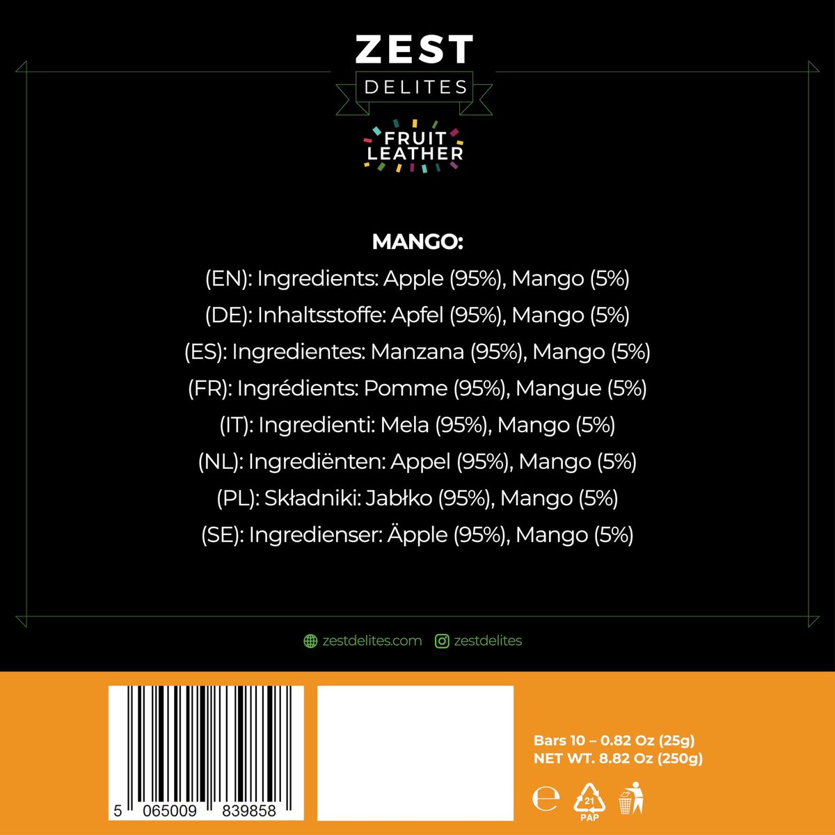 Fruit Snacks by Zest Delites Fruit Leather Mango Fruit Bars Healthy Snacks for Adults Dried Fruit No Sugar Added Mango 088 oz x 10