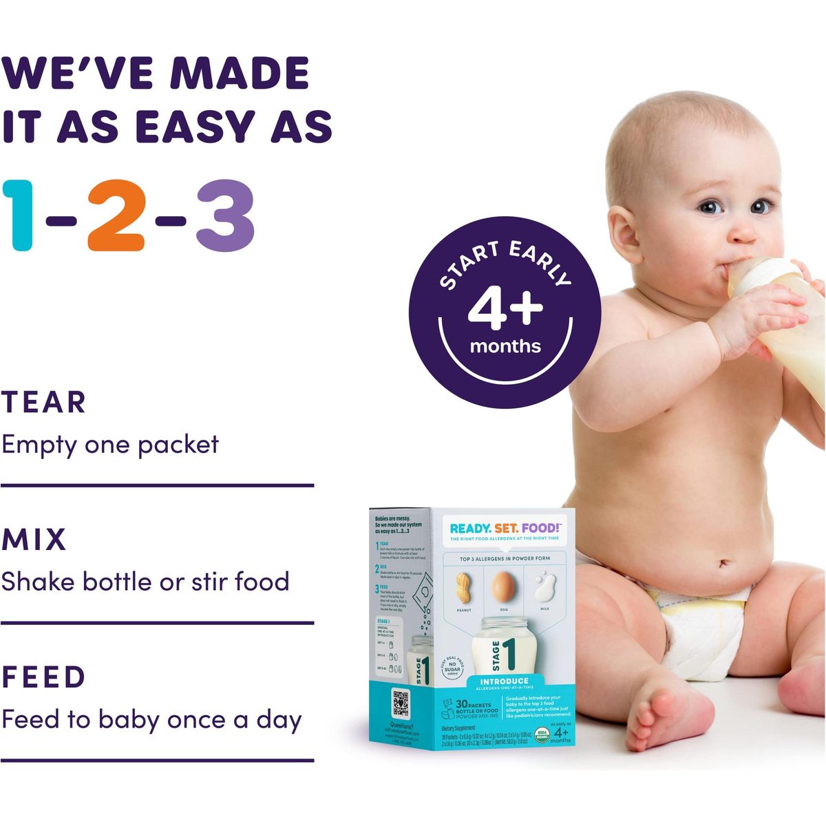 Ready Set Food | Early Allergen Introduction Mix-ins for Babies 4+ Mo | Stage 1 - 30 Days | Top 3 Allergens - Organic Peanut Egg Milk | Safe Easy Effective | For Bottle or Food | ReadySetFood