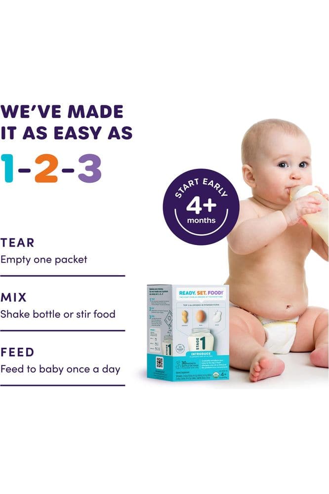 Ready Set Food | Early Allergen Introduction Mix-ins for Babies 4+ Mo | Stage 1 - 30 Days | Top 3 Allergens - Organic Peanut Egg Milk | Safe Easy Effective | For Bottle or Food | ReadySetFood