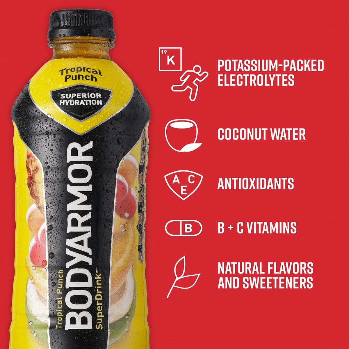 BODYARMOR Sports Drink Sports Beverage Tropical Punch Coconut Water Hydration Natural Flavor With Vitamins PotassiumPacked Electrolytes Perfect For Athletes 28 Fl Oz Pack of 12