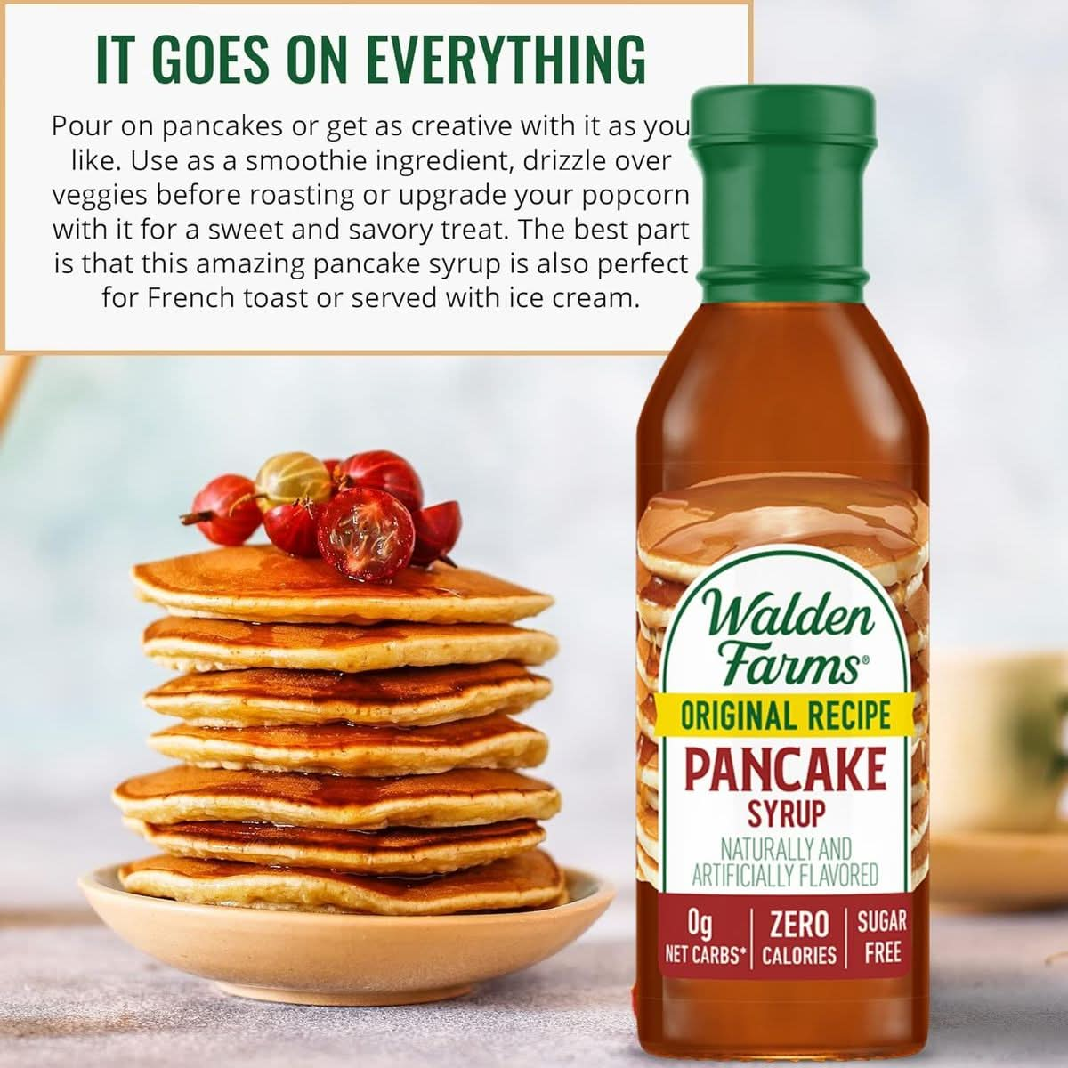 Walden Farms Pancake Syrup 12 oz Sweet Syrup  Near Zero Fat Sugar and Calorie  For Pancakes  Waffles  French Toast  Ice Cream  Desserts  Snacks  Appetizers and Many More