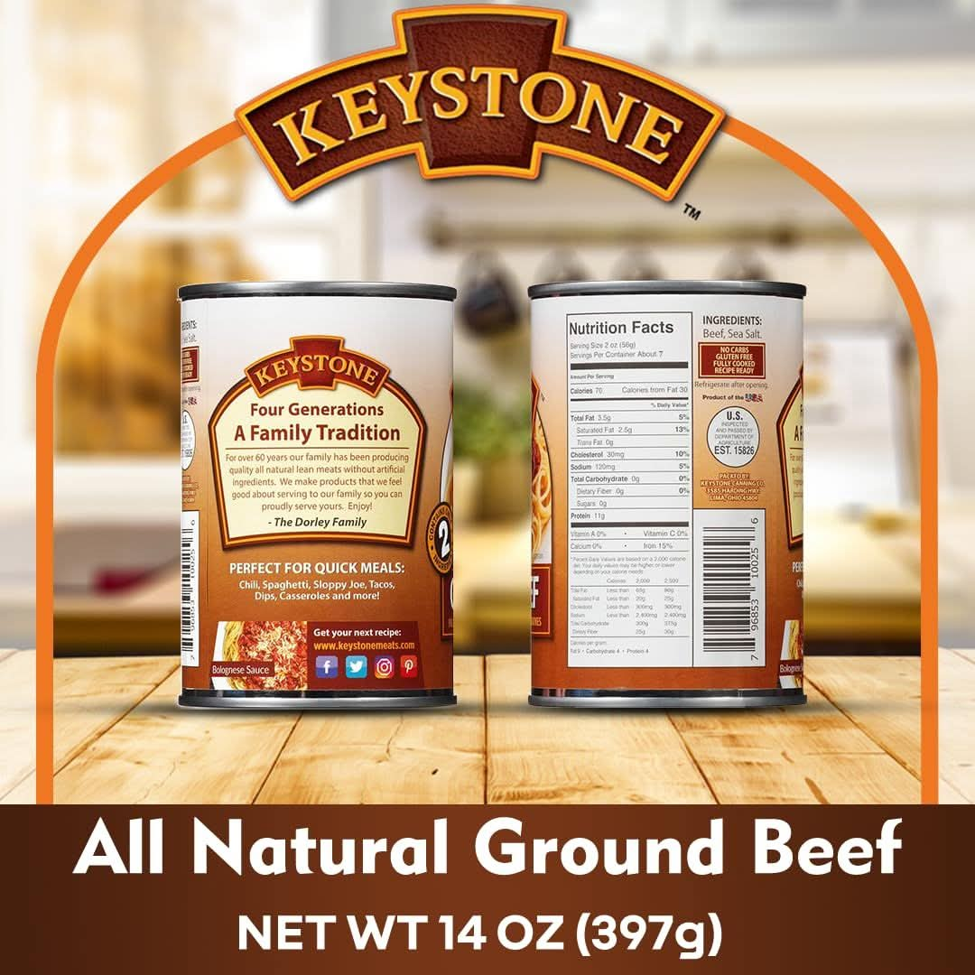 Keystone All Natural Ground Beef 14 Ounce Long Term Emergency Survival Food Canned Meat  Fully Cooked Ready to Eat  Gluten Free Family Pack of 24