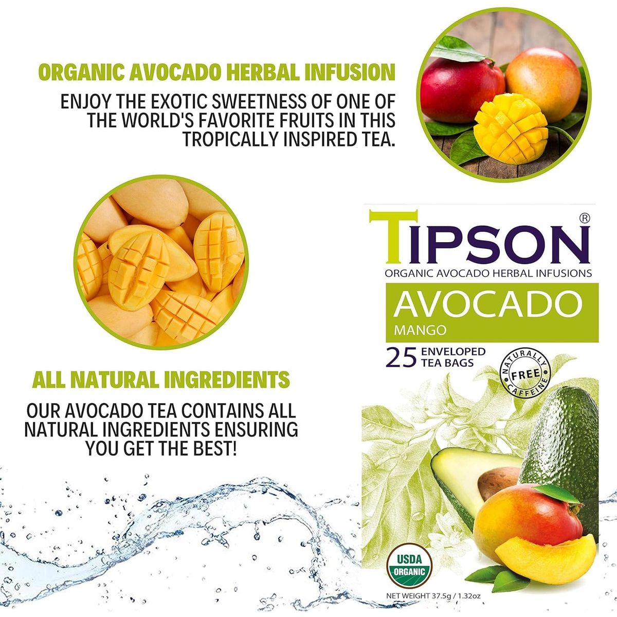 Tipson Organic Avocado Herbal Infusions  Avocado Mango  Caffeine Free Non GMO Gluten Free Kosher  25 Tea Bags Pack of 1