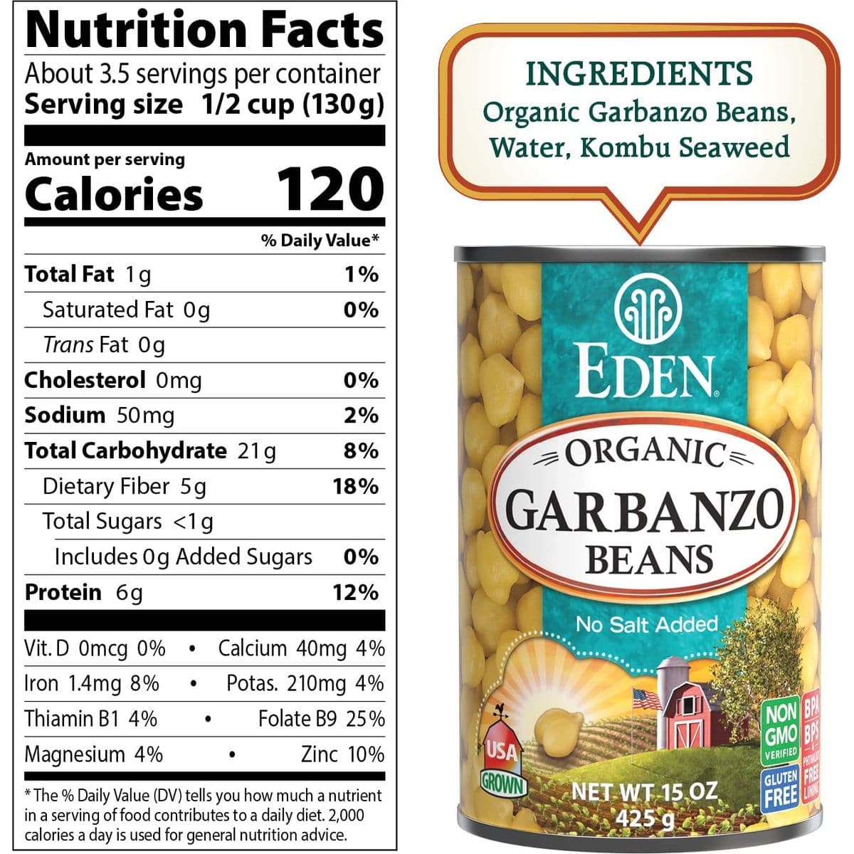 Eden Organic Garbanzo Beans Chickpeas 15 oz Can 12Pack Case No Salt Added NonGMO Gluten Free Vegan Kosher US Grown Heat and Serve Macrobiotic