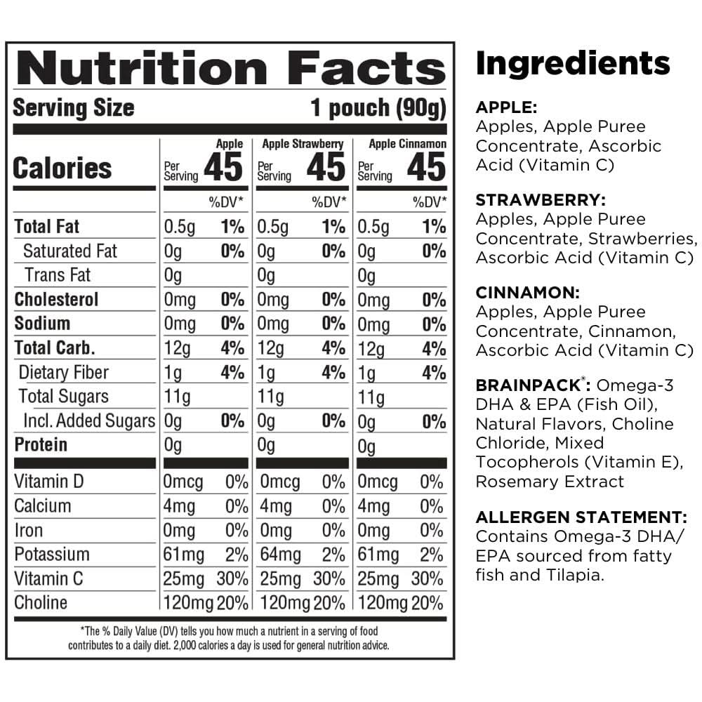 Brainiac Applesauce Variety Pack Pouches Apple AppleCinnamon  AppleStrawberry Flavors Unsweetened Applesauce with Immune Boosting Vitamin C Omega3s  Choline 40 Count 32 oz