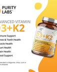 Purity Labs Vitamin D3 K2 10000 IU, (250mcg) D3 + 200mcg K2 MK7 - Immune Support Supplement Enhanced with Bioperine - Vegan Supplements for Daily Defense, Bone, Muscle & Skin Health - 120 Capsules