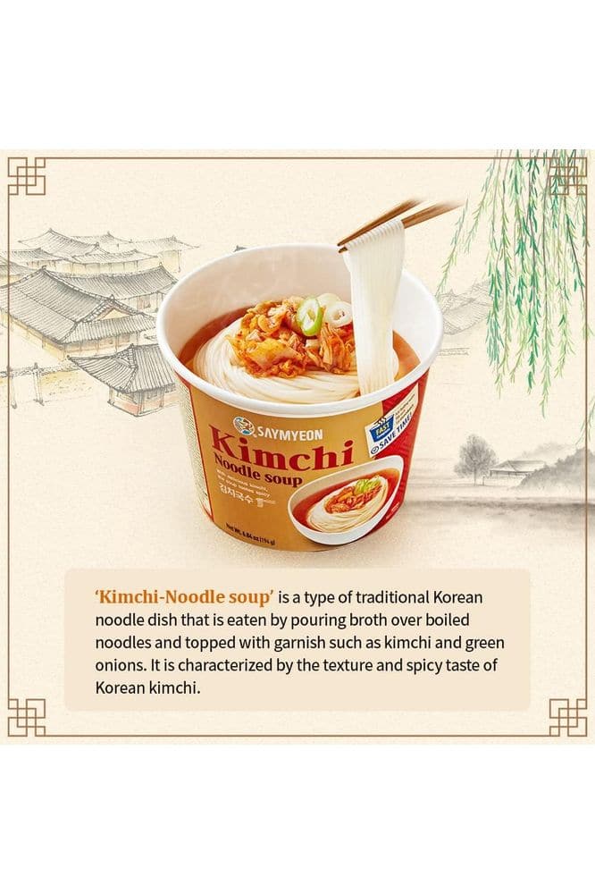 SAYMYEON Kimchi Noodle Soup, Non-fried Korean Food Cup Ramen Guksu, Thin Noodle with Kimchi Soup, 6.84 Ounce, 1EA