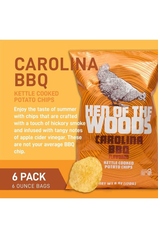 Hen of the Woods Kettle Cooked Potato Chips, Carolina BBQ Flavor, 6 Ounce Bag, 6-Pack