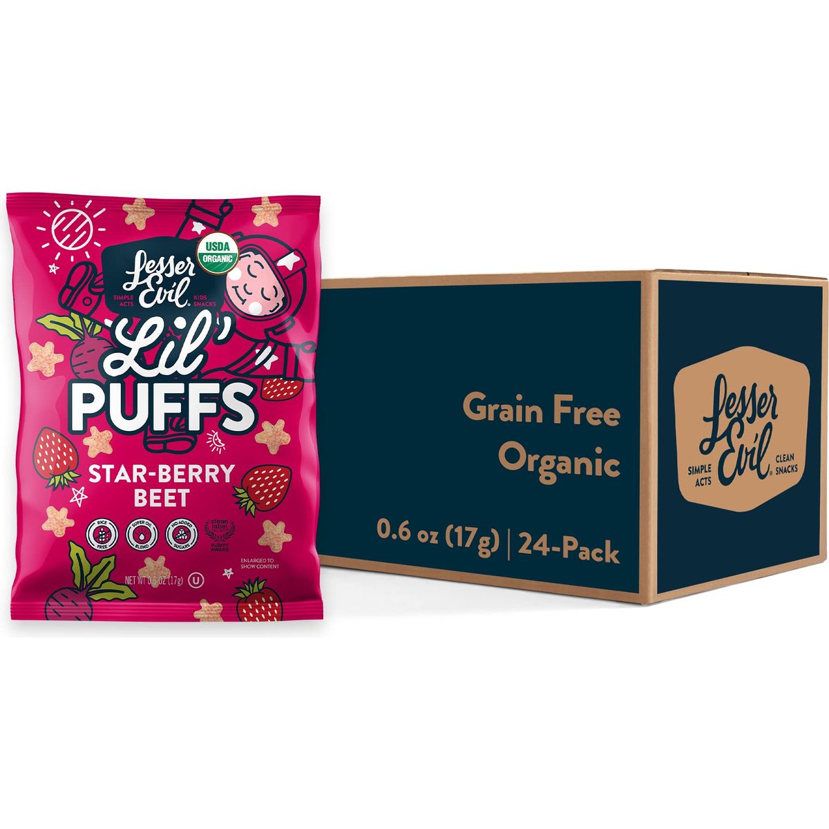 LesserEvil Strawberry Beet Lil Puffs Organic Snacks for Kids RiceFree 0g Sugar Per Serving 06 Oz Pack of 24