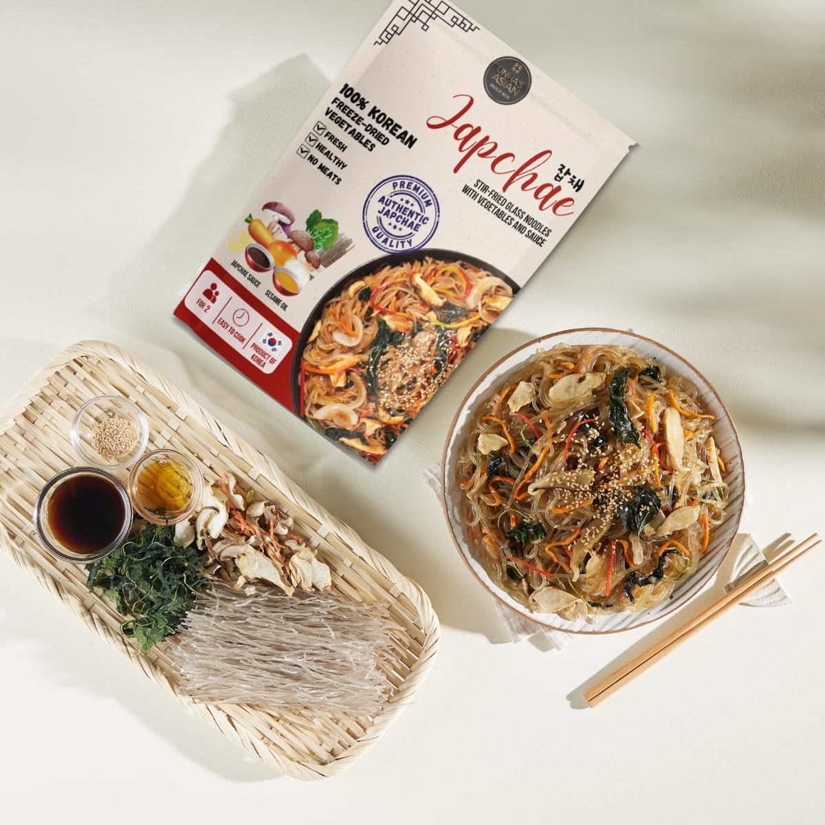 Korean Premium StirFried Noodles Japchae Quick and Easy to Cook Noodle with Vegetables and Sauce Microwave Ready in 7 Minutes  2 Servings