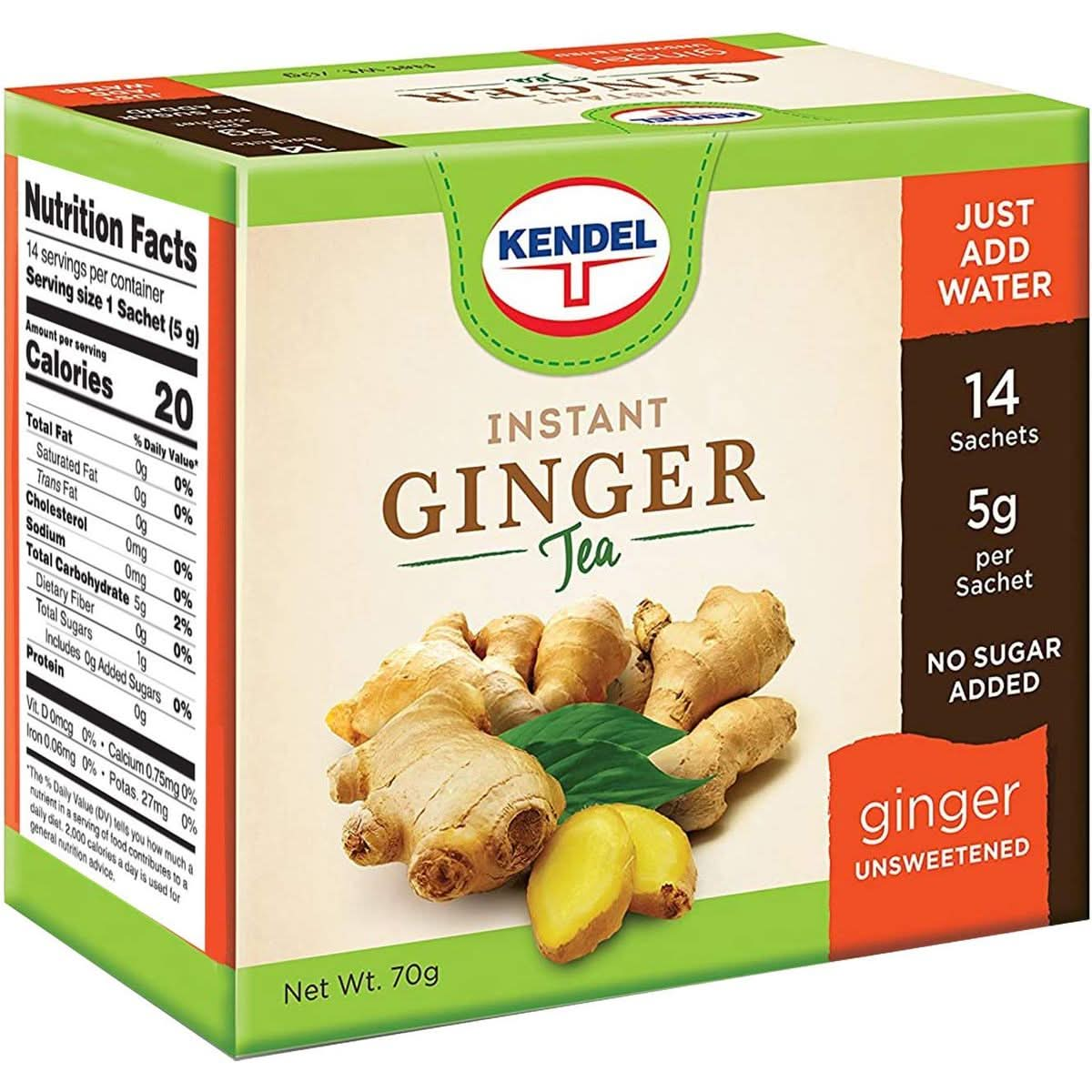 Kendel Instant Ginger Herbal Tea Made from Real Ginger Crushed into Powder Add Hot or Cold Water to Drink Caffeine Free Ginger Powder Drink Unsweetened 14 Packets