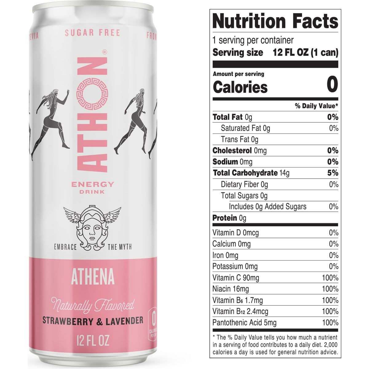 ATHON Natural Energy Drink Athena Strawberry Lavender  Zero Calories  Naturally Sweetened  LTheanine and BVitamins  200mg Caffeine  12 fl oz Cans 12 pack