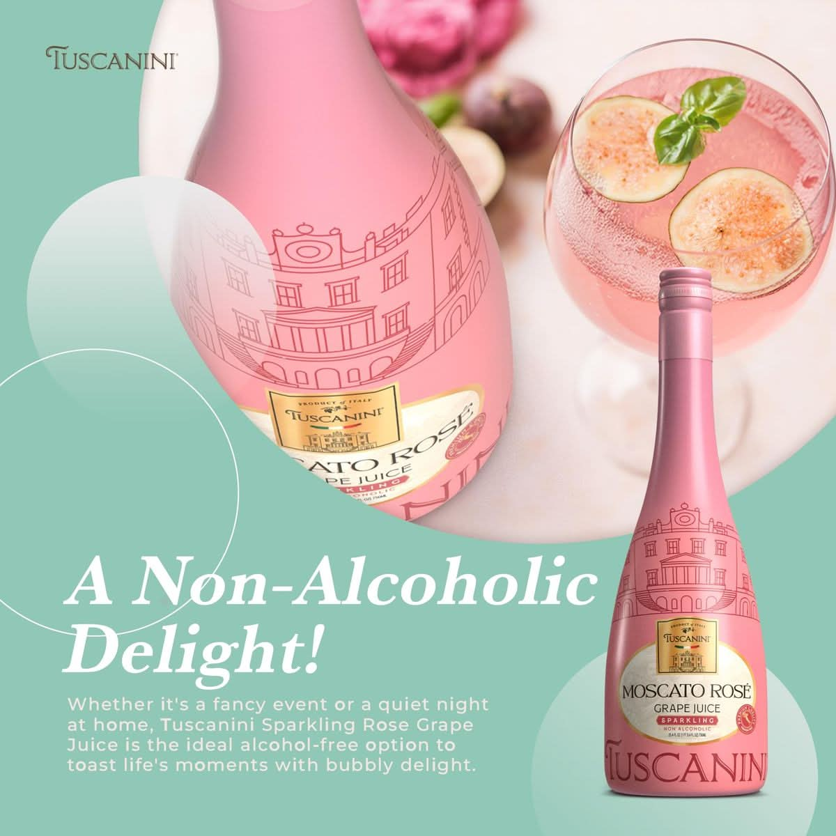 Tuscanini Italian Moscato Rose Sparkling Grape Juice 253oz 2 Pack  Non Alcoholic Sparkling Juice  Valentines Day Gift  Elegant Champagne Bottle  Imported from Italy  Great for Mocktails  Kosher