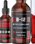 VITBOOST Vegan Liquid B-12 Drops - 60 x 5000 mcg Extra Strength Raspberry Flavored Vitamin B12 Liquid Methylcobalamin sublingual Supplement | Designed to Maximize Absorption & Energy | Gluten Free