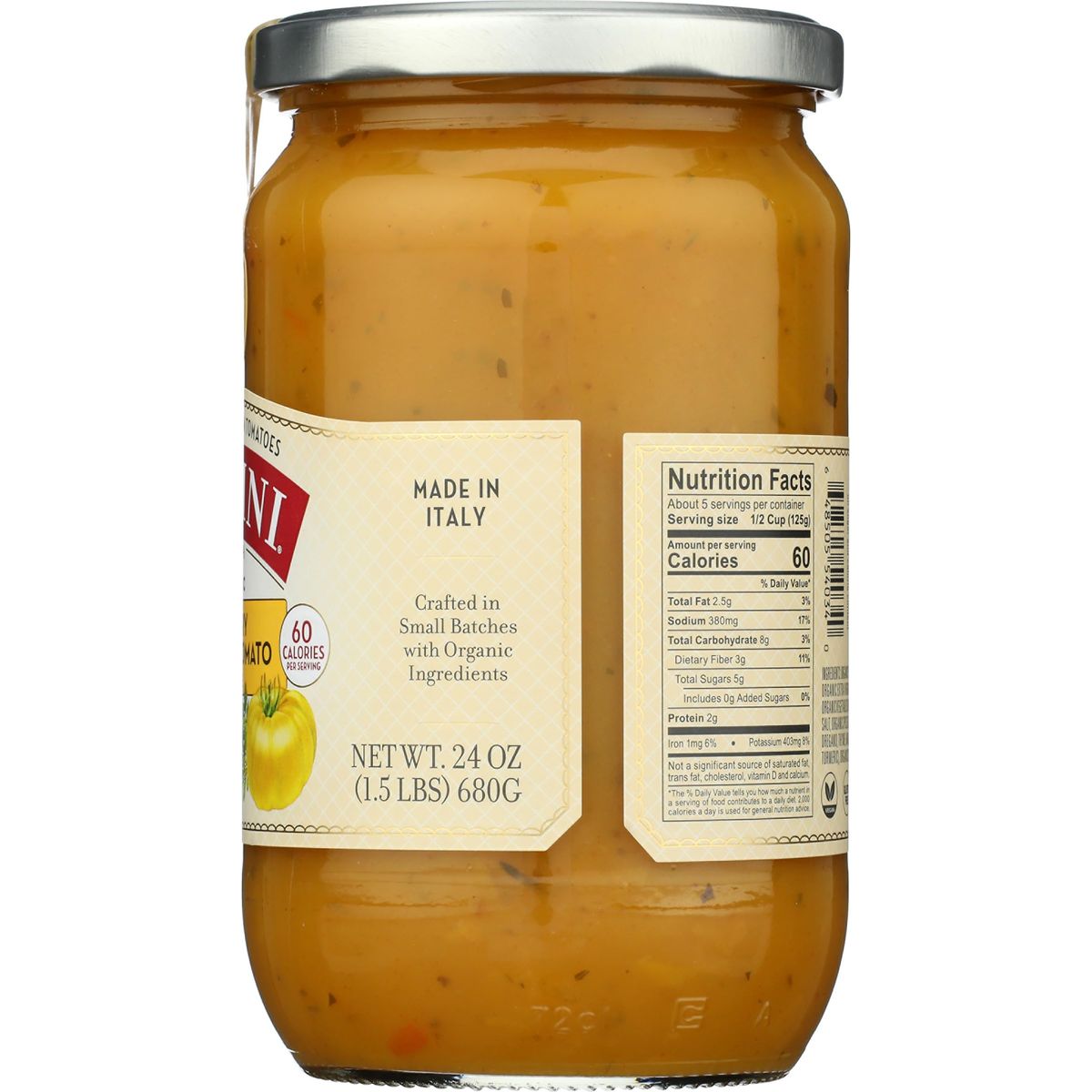 Lucini Organic Golden Tomato Sauce  Classic Italian Sauce in Glass Jar  Fresh Organic Tomatoes  No Sugar Added Pasta Sauce 24 oz