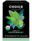 Choice Organics  Organic Peppermint Tea 1 Pack  Compostable  Caffeine Free  16 Organic Herbal Tea Bags