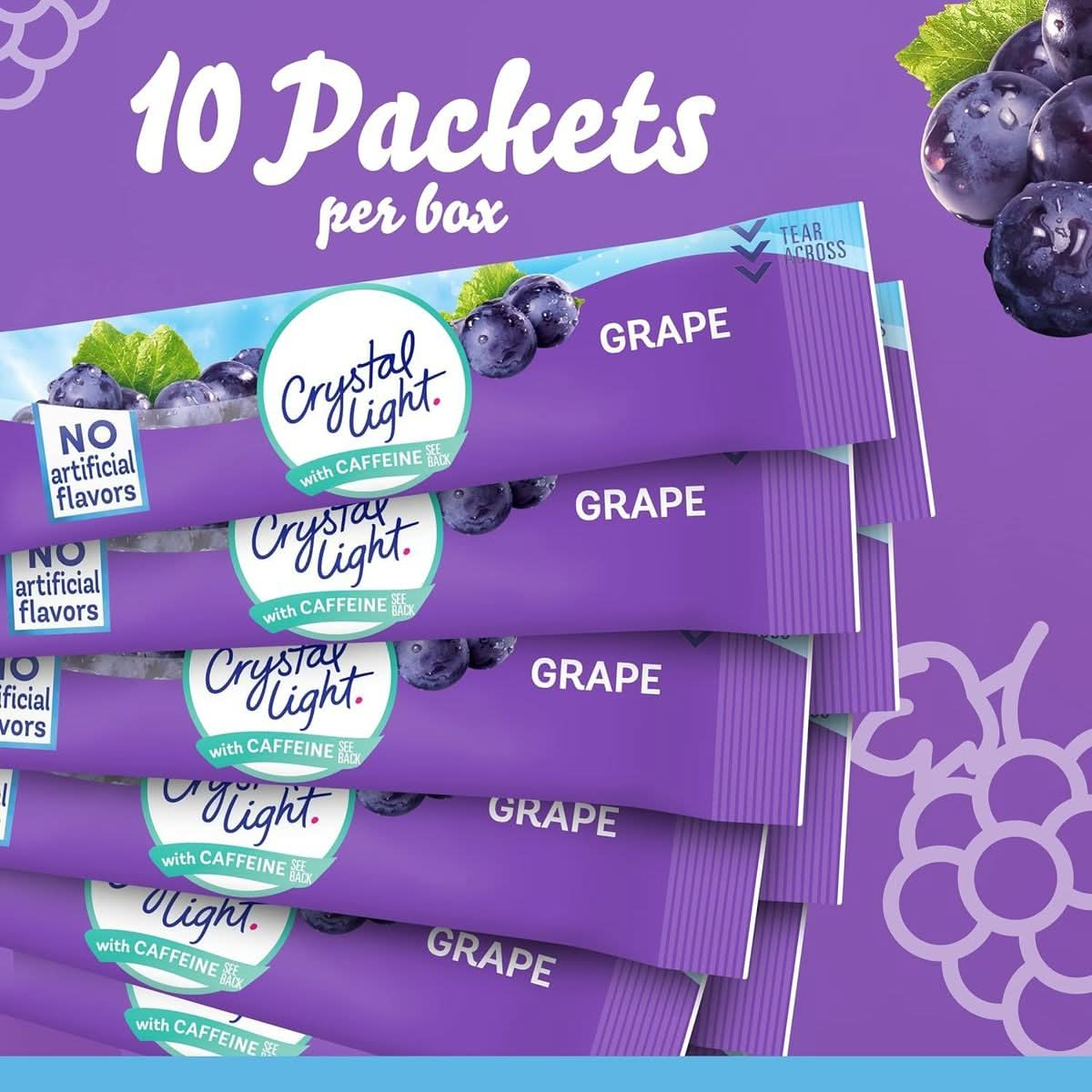 Crystal Light Grape Sugar Free On The Go Energy Packets With Caffeine 10 Low Calorie Packets Per Box Pack of 3 Boxes Bundle with Drink Pouch and Straw