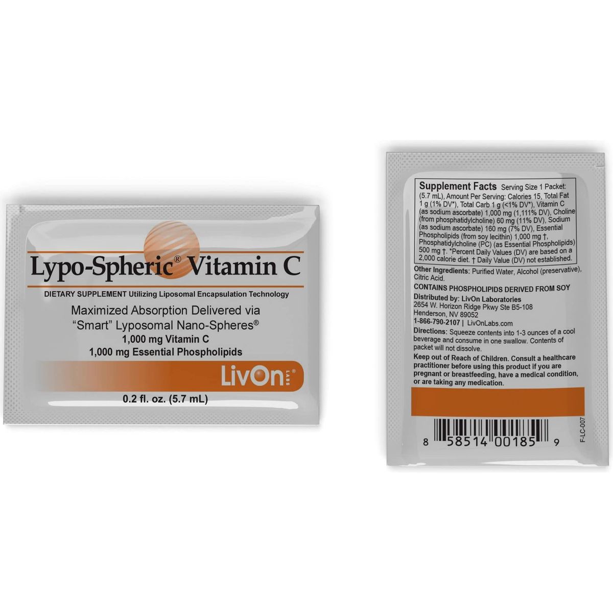 LivOn Laboratories Lypo-Spheric Vitamin C - 30 Packets - 1,000 mg Vitamin C &amp; 1,000 mg Essential Phospholipids Per Packet - Liposome Encapsulated for Improved Absorption - 100% Non-GMO