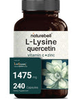 NatureBell L-Lysine 1000mg + Quercetin 250mg Supplement, 240 Capsules, Free Form, 4-in-1 Lysine Complex, Quercetin with Vitamin C and Zinc | Immune Support | Promote Lips & Skin Health