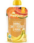 Happy Baby Organic Clearly Crafted Stage 2 Baby Food Bananas, Sweet Potatoes & Papayas, 4 Pouch (Pack of 16), Banana Sweet Potato Yellow Papaya, 64 Oz