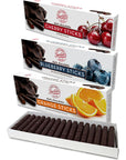 Sweet Candy Dark Chocolate Candy Sticks Variety 3 Pack Dark Chocolate Orange Sticks Dark Chocolate Cherry Sticks and Dark Chocolate Blueberry Sticks