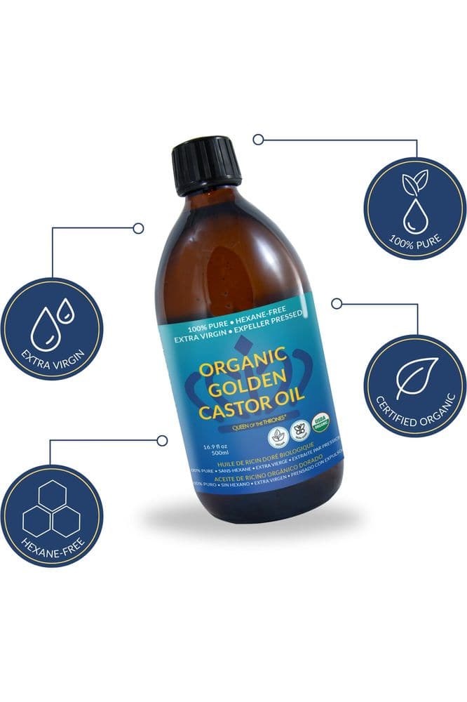 QUEEN OF THE THRONES Organic Golden Castor Oil - 500mL (16.9oz) | 100% Pure &amp; Expeller Pressed for Hair, Skin &amp; Digestion | Hexane Free | USDA Certified