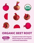 USDA Organic Beet Root Powder (120 Tablets) 1350mg Beets Per Serving with Black Pepper for Extra Absorption - Super Antioxidant and Nitrate Supplement for Athletic Performance and Stamina- No Capsules