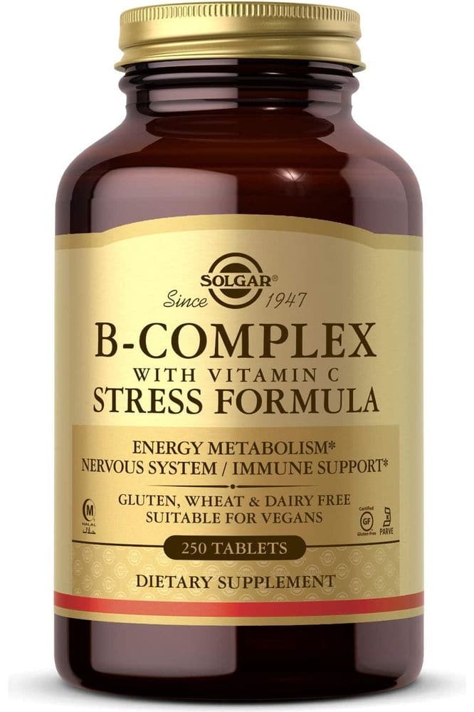 Solgar B-Complex with Vitamin C Stress Formula, 250 Tablets - Energy Metabolism, Nervous System &amp; Immune Support - Non-GMO, Vegan, Gluten Free, Dairy Free, Kosher, Halal - 125 Servings