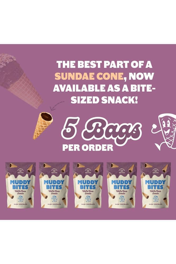 Muddy Bites Waffle Cone Snacks Chocolate Filled Bite Sized Cones (Dark Chocolate, 5 Bags)