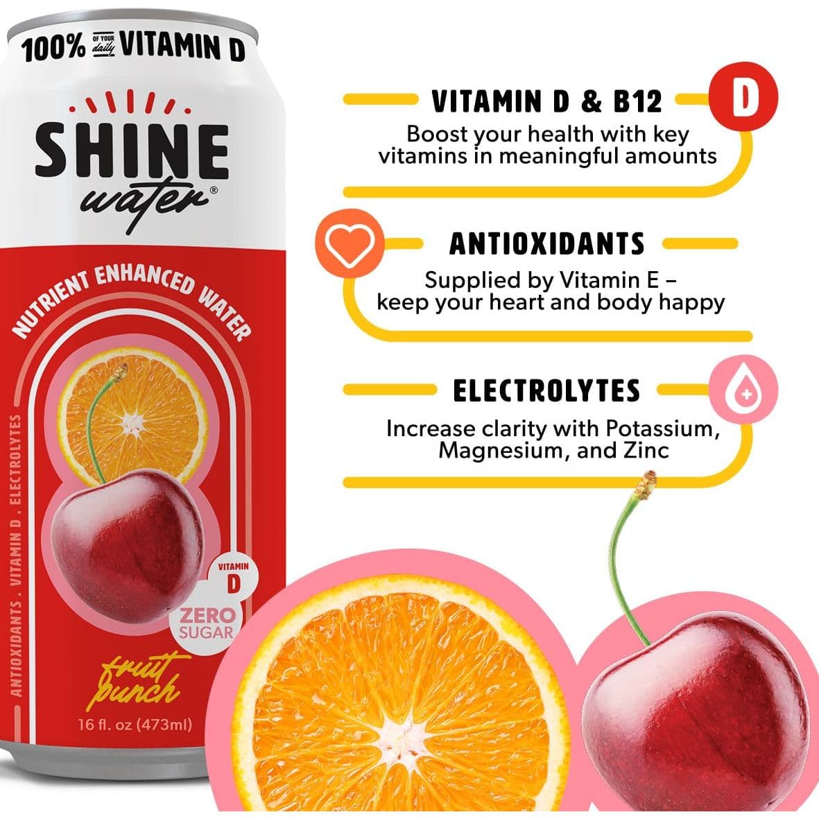 ShineWater Vitamin D Hydration Electrolyte Drink Fruit Punch 12 Pack Sugar Free Naturally Flavored Water Magnesium Zinc Vitamin B12 Folic Acid Plant Based Antioxidants Low Calorie