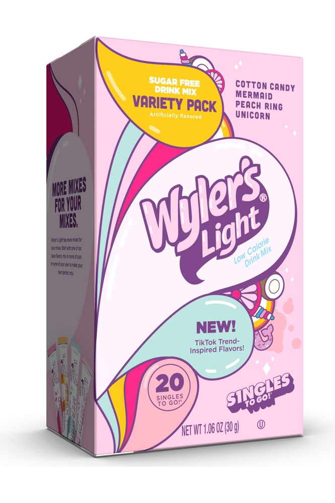 Wylers Light Singles to Go Powder Packets Water Drink Mix Variety Pack Watertok Fun Flavors Cotton Candy Mermaid Peach Ring Unicorn Sugar  Caffeine Free OnTheGo 20 Count Pack  1