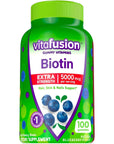 vitafusion Extra Strength Biotin Gummy Vitamins, Berry Flavored, 5,000 mcg Biotin Vitamins, America’s Number 1 Gummy Vitamin Brand, 50 Day Supply, 100 Count (Packaging may vary)