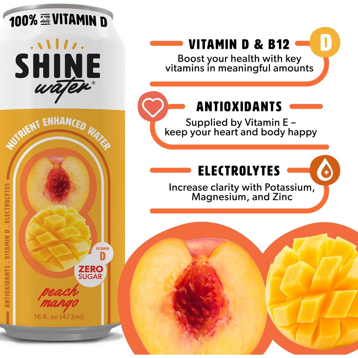 ShineWater Vitamin D Hydration Electrolyte Drink Peach Mango 12 Pack Sugar Free Naturally Flavored Water Magnesium Zinc Vitamin B12 Folic Acid Plant Based Antioxidants Low Calorie