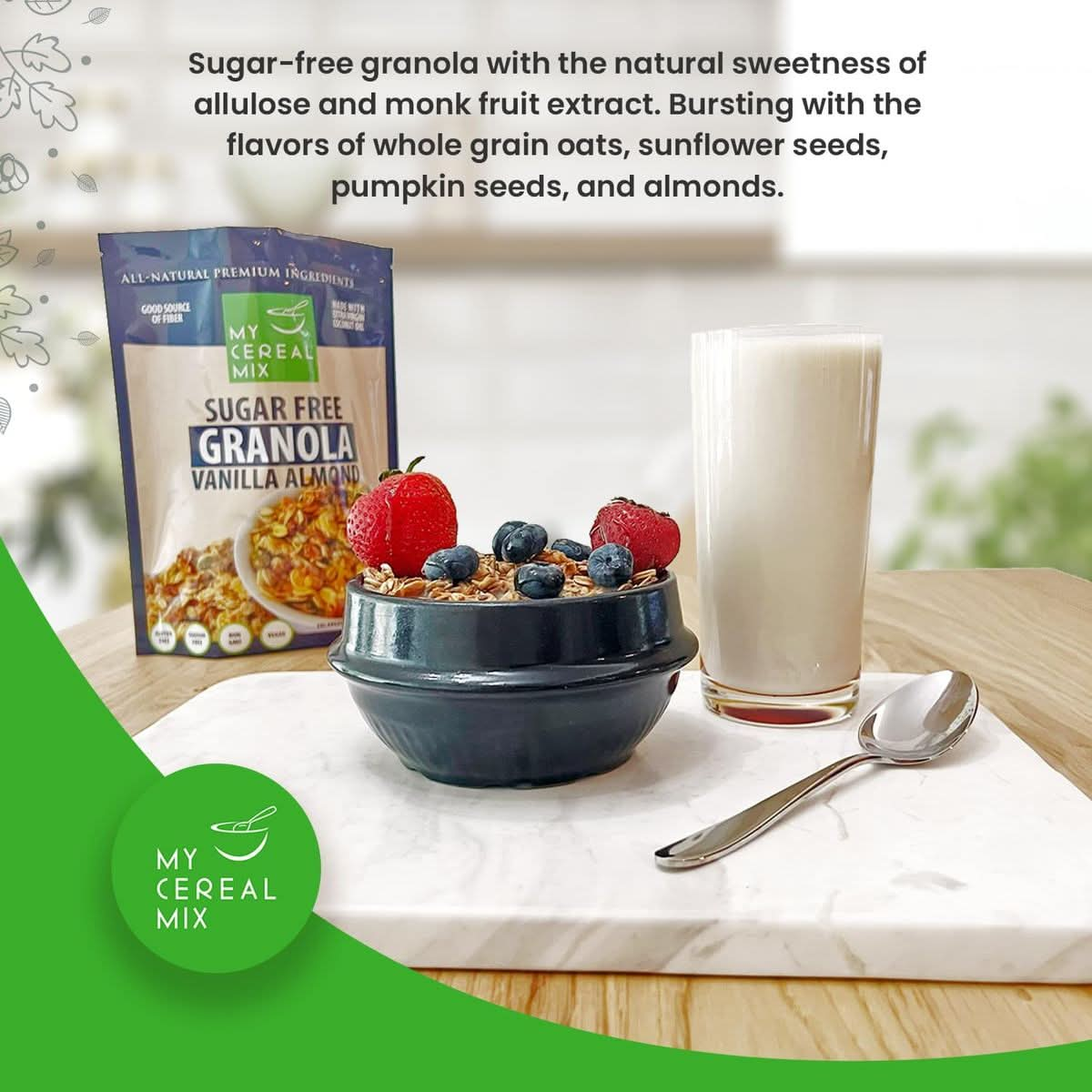 MyCerealMix Sugar Free Granola  Vanilla Almond NonGMO PlantBased Vegan Gluten Free Soy Free Sodium Free No Erythritol No Sugar Alcohols No Stevia All Natural Ingredients