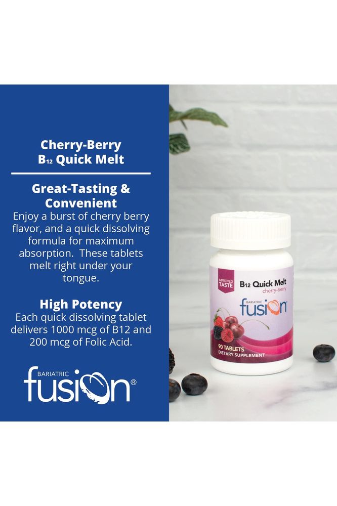 Bariatric Fusion Vitamin B12 Quick Melt | Cherry Berry Flavored Tablets | Dissolves On Your Tongue | Post Bariatric Surgery Patients | Gluten, Dairy &amp; Soy Free | 90 Count