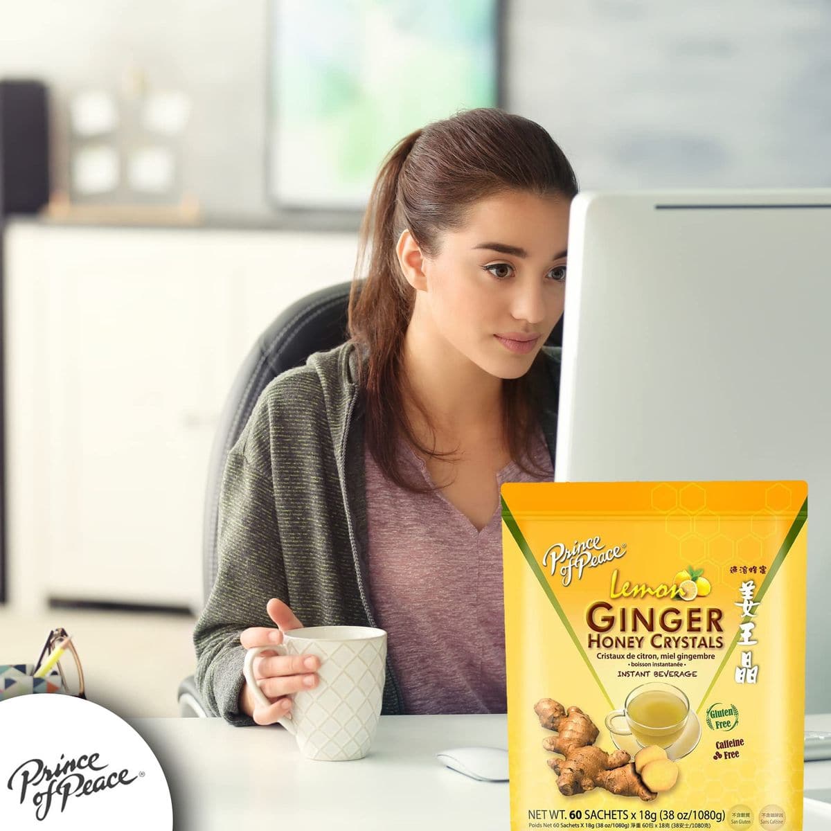 Prince of Peace Instant Ginger Honey Crystals with Lemon 60 Sachets  Instant Hot or Cold Beverage  Easy to Brew  Drink Like a Tea  Caffeine and Gluten Free  Real Ginger