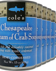 Cole’s - Pack of 6 Chesapeake Cream of Crab Soup - Premium Canned Fresh Crab Meat & Nutritious Semi Condensed and Gluten-free Crab Bisque - 15 oz Per Container