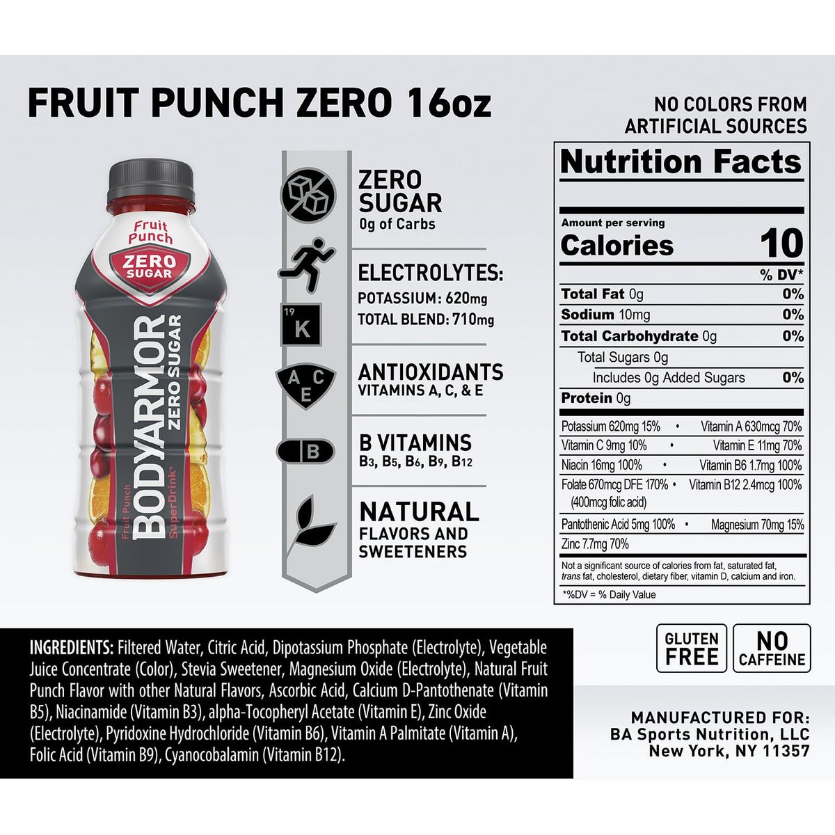 BODYARMOR ZERO Sugar Fruit Punch Sugar Free Sports Drink  LowCalorie Hydration  Natural Flavors with Potassium Packed Electrolytes Antioxidants and Bvitamins 16 fl oz pack of 12