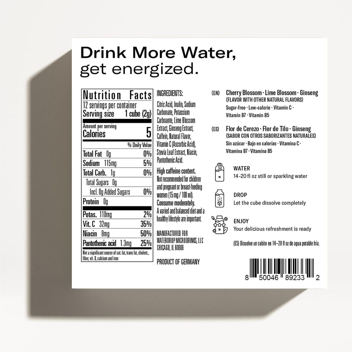 waterdrop Microenergy Energy Powder Packets Cherry Blossom  Ginseng Flavor Natural Energy Drink with 60 mg Caffeine ZeroSugar  SHIRO 24 Cubes