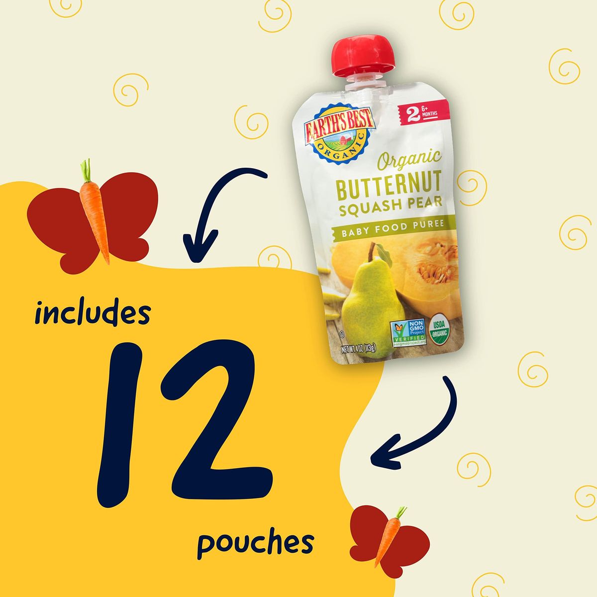 Earth&#39;s Best Organic Baby Food Pouches, Stage 2 Fruit and Vegetable Puree for Babies 6 Months and Older, Organic Butternut Squash and Pear Puree, 4 oz Resealable Pouch (Pack of 12)