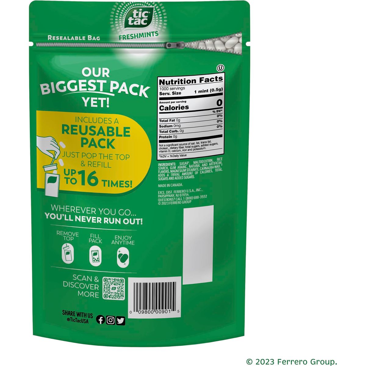 Tic Tac Resealable Refill Bag Bulk 172 Oz Freshmint Breath Mints OnTheGo Refreshment Includes Empty Refillable Pack