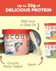 SCOUT Seafood Snacks  Up to 33g of protein from delicious responsibly sourced Wild Yellowfin Tuna with a crunchy topper  Perfect healthy high protein lunch or onthego snack  Pack of 3 x 51oz cups Variety 3 Pack