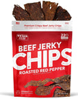 Roasted Red Pepper Beef Jerky Chips | Thin, Crispy, Crunchy Beef Jerky Crisps with 22G Protein Per Bag. Carnivore Diet Snacks, Gluten Free Snacks, Healthy Snacks for Adults, 1.25oz Each (2 Bags)